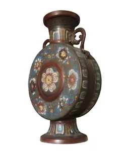 Anfang 20. Jh., japanischer Champlevé Cloisonné Emaille Mond Flachmann - 11,8 Zoll - Bild 1 von 9