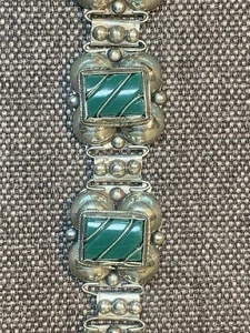 Vintage Mexico Sterling Silver Green Onyx Link Bracelet - Picture 1 of 24