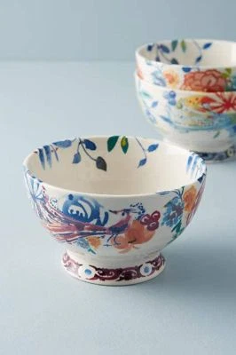 Anthropologie DODI BOWL Bird Peacock Floral Flowers Pedestal Stoneware Pink NIB - Image 1 of 2