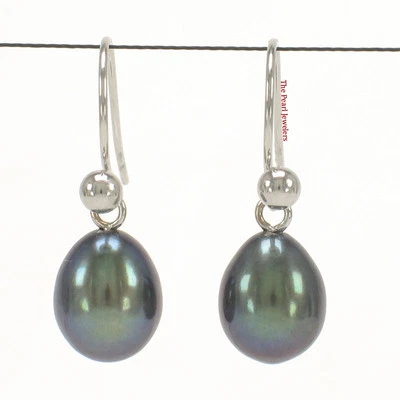 14K White Gold Black Pearl Fish Hook Dangle Earrings - Image 1 of 2