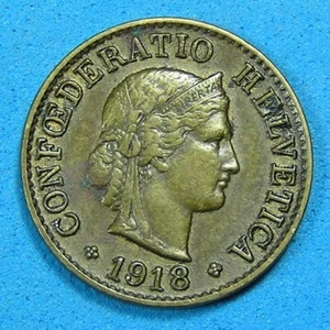 Switzerland 5 Rappen Brass Coin 1918 B, KM-26a, Free S/H after 1st item - Picture 1 of 2