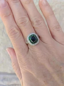 Anillo de compromiso estilo Art Deco creado en laboratorio diamantes y esmeraldas de oro blanco de 14 k FN - Imagen 1 de 6
