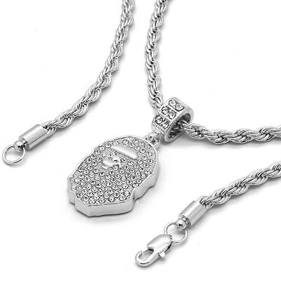 Silver Plated Hip Hop Style Ape Pendant Cubic Zirconia 24" Rope Chain Necklace - Image 1 of 4