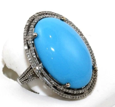 Estate Huge Oval Turquoise & Diamond Halo Solitaire Ring 14k White Gold 20.0Ct - Image 1 of 4