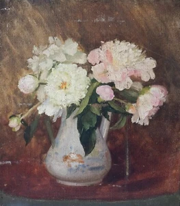 Dipinto antico originale natura morta, fiori, mazzo di peonie XIX secolo - Foto 1 di 8