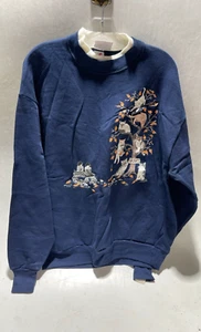 Vintage Blue Morning Sun (Jerzees Tag) Cat And Bird Sweatshirt Size Large - Picture 1 of 4