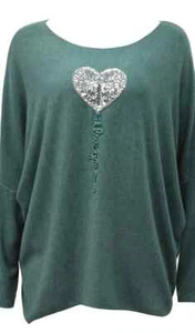 Ladies Sequin Heart Jumper Langenlook Deep Green Knit Fits UK size 12 14 16 - Picture 1 of 18