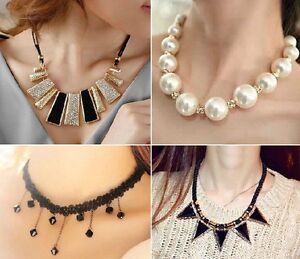 Womens Bib Crystal Flower Pearl Pendant Chunky Chain Collar Statement Necklace