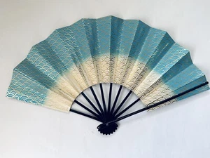 Vtg Paper Hand Fan Folding Lacquer Wood 2 Sided Gold Blue 20” Opened Japan - Picture 1 of 18
