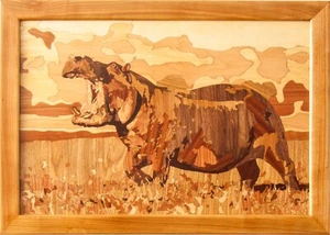 Hipopótamo Safari África Hipopótamo Madera Mosaico Eco Incrustación Panel Enmarcado Colgante de Pared - Imagen 1 de 13