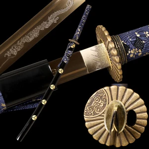 Japanese Samurai Sword Katana 1095 Carbon Steel Full Tang Sharp Brass Tsuba - Picture 1 of 11