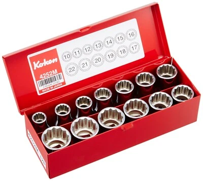 KoKen 1/2Sq 12-sided Short Socket Set 4252M 13-pc With Metal Case Made in Japan - Image 1 of 4