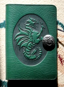 Oberon Design Leather Small Journal Cover  DRAGON-COCKATRICE in DARK GREEN - Picture 1 of 6