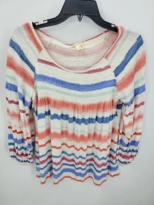 Meadow Rue Top Womens Medium Red White Blue Stripe Smocked Balloon Sleeve Boho - Picture 1 of 10