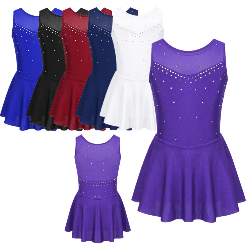 FEESHOW Mädchen Eiskunstlauf Kleider mit Strass Rollschuhkleid Tanzkleid Ballettkleid
