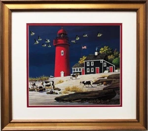Charles Wysocki ""Beach Bums"" Nuovo INCORNICIATO SU MISURA Art Americana Faro Mucche - Foto 1 di 3