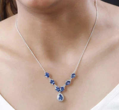 4Ct Pear Lab-Created Sapphire Women's Party Wear Necklace 14K White Gold Plated - Image 1 of 4