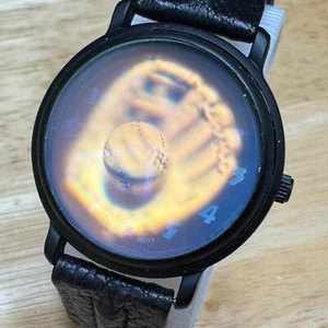 3D Art Hologram Quartz Watch Baseball Men Japan Movt Black Leather New Battery - Picture 1 of 6