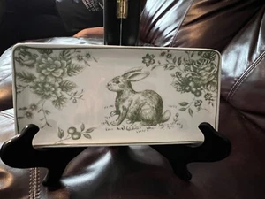 New Maxcera Toile Bunny Green Rabbit Easter Tray 10 3/4 x 5” - Picture 1 of 2