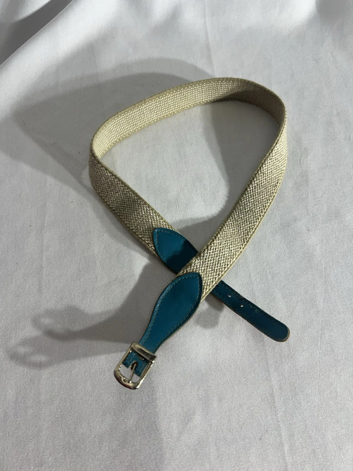 Cinturón Vintage 27 Pulgadas Elástico Bronceado Y Blanco Con Detalle Turquesa Foto 1 de 4