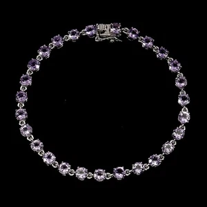 925 Sterling Silver Bracelet Round Amethyst 4mm Natural Gemstone Jewelry 7in - Picture 1 of 13