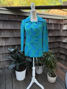 Vintage 70er Jahre Sakko Blazer Brokat Blau Grün S/M Image California - Bild 1 von 9