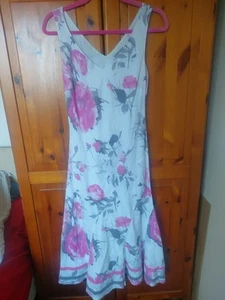Ladies Linen Summer Dress Per Una Size 10 R White Pink Floral Excellent Conditio - Picture 1 of 7