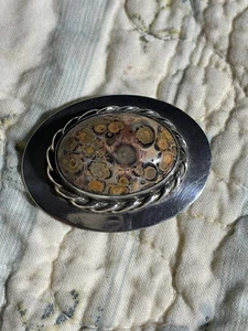 Vintage Sterling Silver Brooch With Leopard Skin Jasper Signed VHC Sterling - Picture 1 of 6