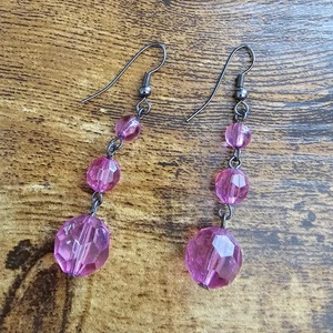 Orecchini pendenti vintage Y2K rosa tono viola cristallo gancio francese - Foto 1 di 3