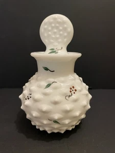 Antique White Hobnail Glass Vanity Bottle Hand Painted Leaves & Flowers 5.5” - Picture 1 of 7