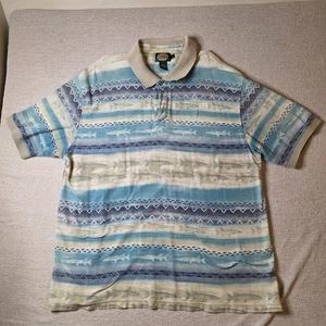 Vintage Cabela’s Fish Print Polo Shirt XL Made in Canada 100% Cotton Beige Blue - Picture 1 of 6