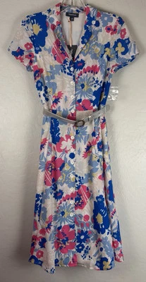 全新 ModCloth Exciting Find 衬衫 连衣裙 蓝色 粉色 花卉腰带 复古 尺寸 XXS 1331 — 第 1/4 张图片