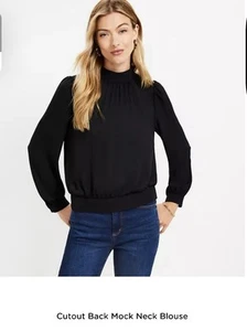 Loft Cutout Back Mock Neck Chiffon Blouse, Black, Sz XL - Picture 1 of 7