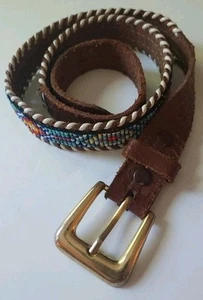 Handcrafted Leather & Native American Southwestern Beaded Belt With Metal Buckle - Picture 1 of 5