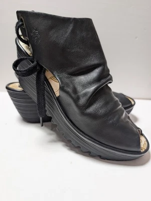 Fly London Yame 平台露趾系带楔形凉鞋黑色 EU 42 US 10.5 — 第 1/4 张图片