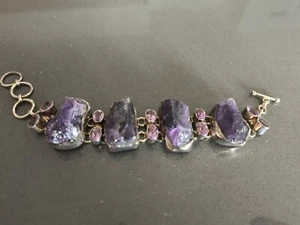 VTG Handmade Rough Cut and Polished Amethyst Stone Bracelet Unbranded Adjustable - Picture 1 of 12