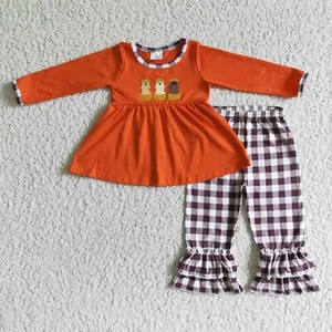 Girls Dog Pumpkin Embroidery Plaid Leggings Set 2pcs Pumpkin Patch Outfit - Picture 1 of 1