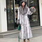 Women Real Rex Rabbit Fur Overcoat Silver Fox Fur Shawl Collar Cuffs Chinchilla