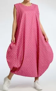 PLUS SIZE PINK/WHITE COTTON DOTS PATTERN 2 POCKETS BALLOON DRESS Size 20-24 - Picture 1 of 3