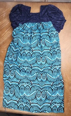 Vestido Hawaiano Vintage Pequeño Azul Tribal Cuello Cuadrado AKB  Foto 1 de 4