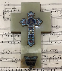 Antique French Champleve Enamel Onyx Holy Water Font Cross Crucifix c1880 - Picture 1 of 7