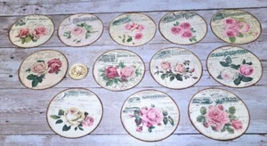12~Vintage~Ephemera~French Rose~Invoice~Linen Cardstock~Circle~Stickers - Picture 1 of 1