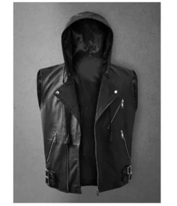 Men's Biker New Hoodie Casual Wear Black Men Vest Coat Genuine Lambskin Leather - Picture 1 of 4