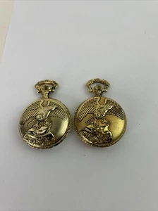 2 Eagle Pocket Watch Gold Tone Quartz Japan Movement Date Indicator New Battery - Picture 1 of 3