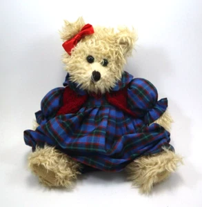 SBOT zotteliger brauner Teddybär mit Plüschgelenken trägt kariertes Kleid Vintage - Bild 1 von 9