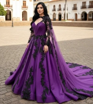 Black Purple Gothic Wedding Dresses Long Sleeve Lace Appliques Cape Bridal Gowns - Image 1 of 4