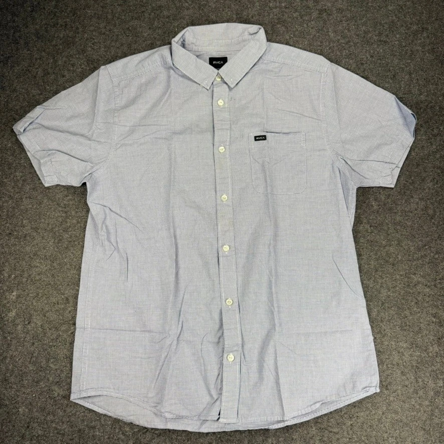 Camisa RVCA para niños manga corta con botones azul a cuadros talla grande calce ajustado Foto 1 de 4