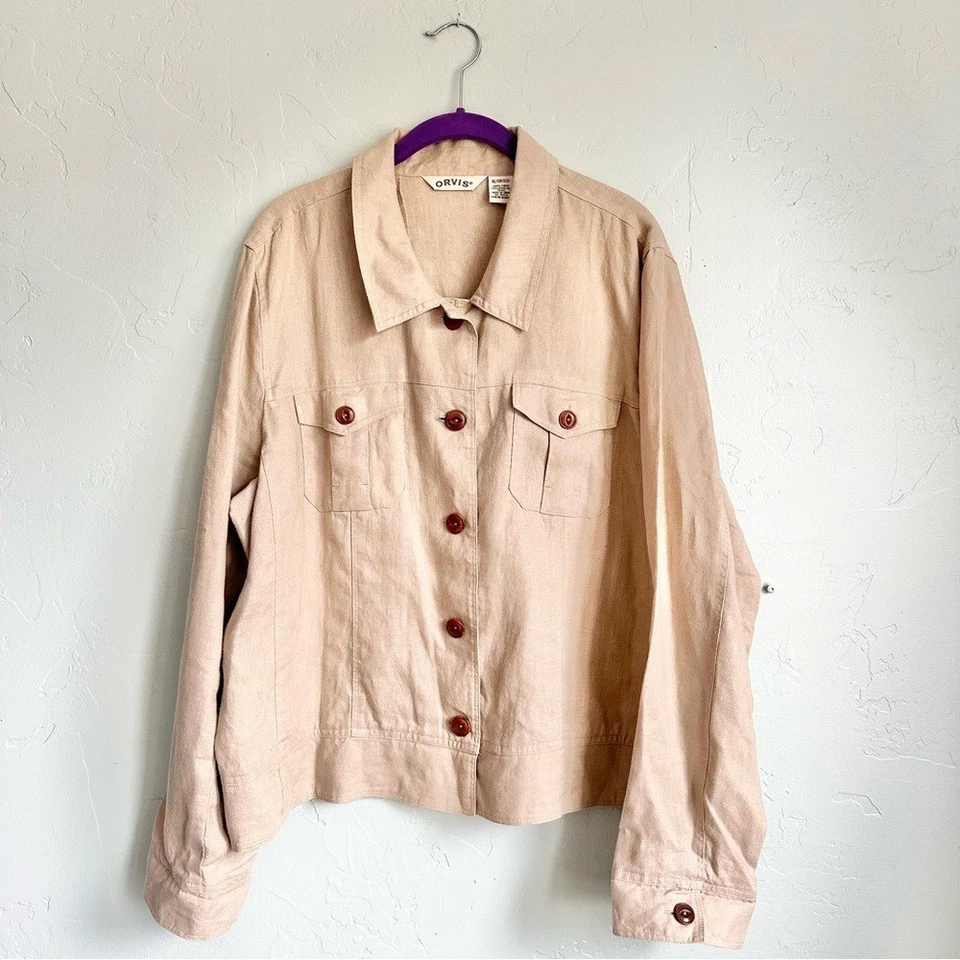 Orvis | Chaqueta para mujer beige de lino con botones talla XL 18/20 USADA EN EXCELENTE ESTADO Travel Coastal Foto 1 de 4
