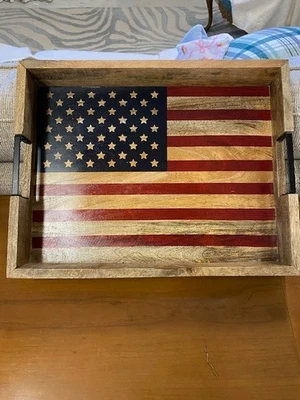 Patriotic Wooden American Flag Serving Tray with Metal Handles - Image 1 of 4