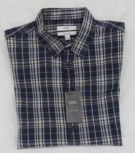 MEN'S MARKS AND SPENCER NAVY BLUE MIX CHECK SHIRT WITH FLAX LINEN SIZE L - Picture 1 of 10